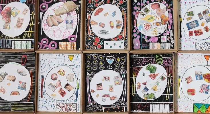 As crianças do jardim de infância MFP construíram um painel sobre alimentação saudável tendo como inspiração o livro do autor Hervé Tullet.